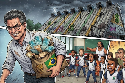 Fachada da Escola CAIC em Três Corações com problemas estruturais e mato alto.