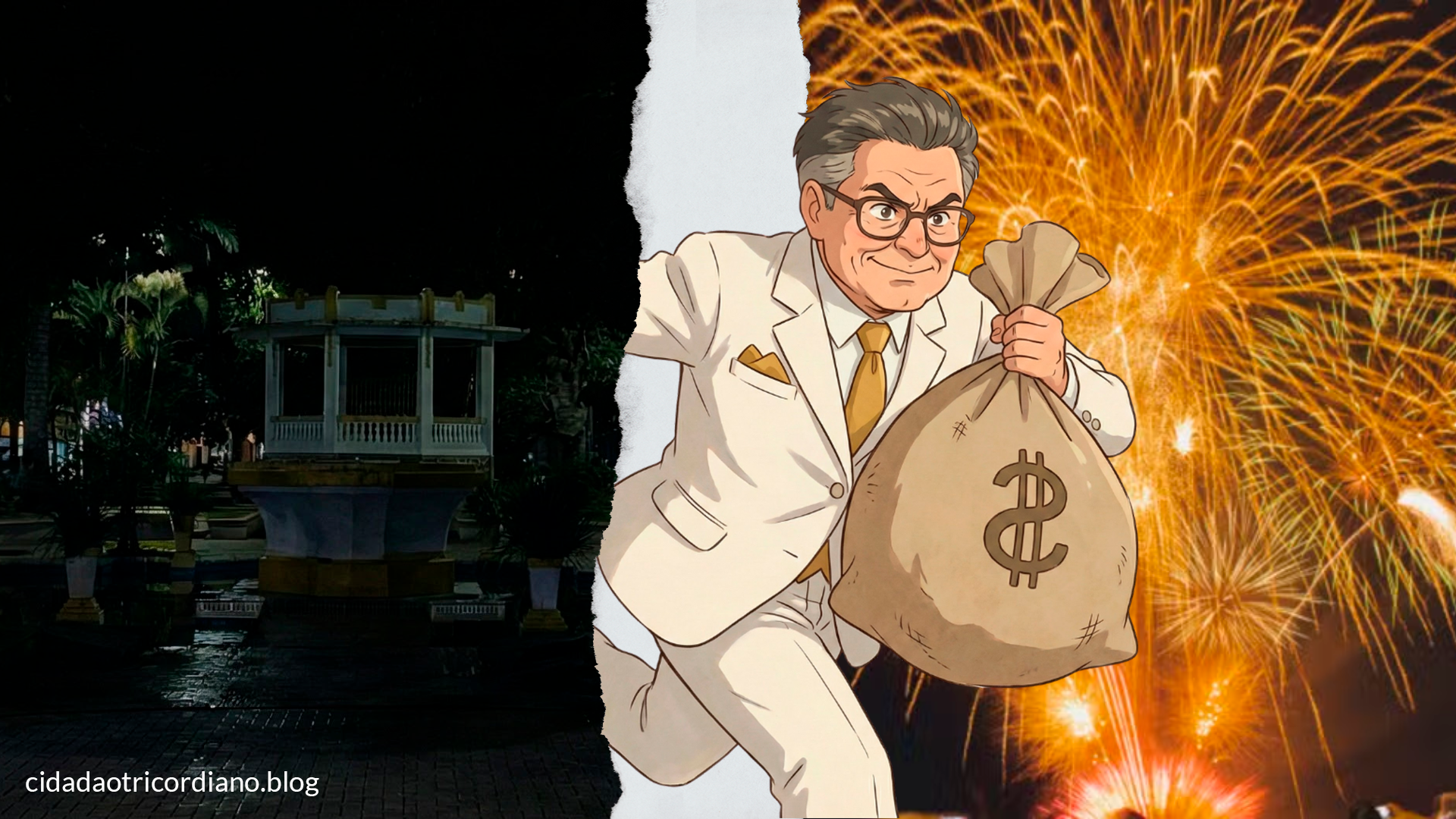 Comparação entre festa de réveillon nas cidades vizinhas e praça vazia em Três Corações MG - Crítica à falta de entretenimento e gestão pública.